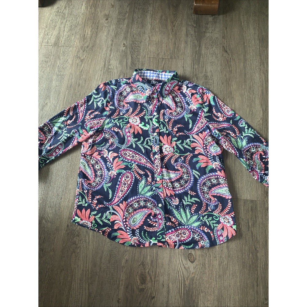 Chaps by Ralph Lauren Women Size PXL No-Iron Button Up Blouse Shirt Top Paisley